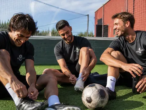 Amis sur le terrain synthétique de foot à 5