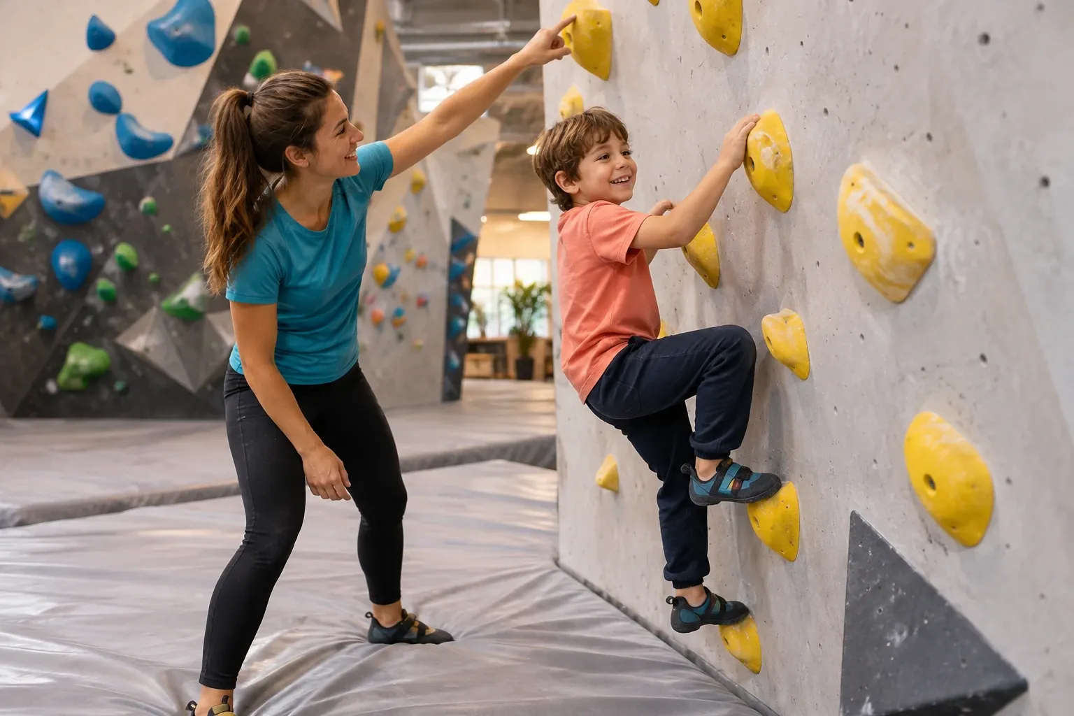 Une monitrice guide un jeune enfant qui grimpe sur un mur de bloc aux prises jaunes, avec des tapis de réception au sol