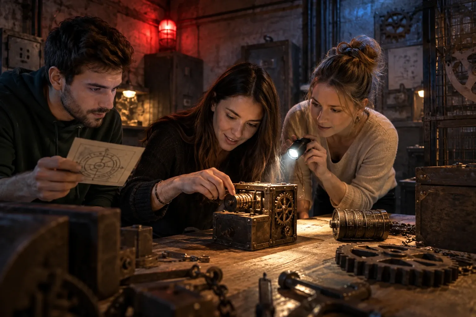 Trois joueurs devant des énigmes à rouages et cadrans dans une salle d'escape game