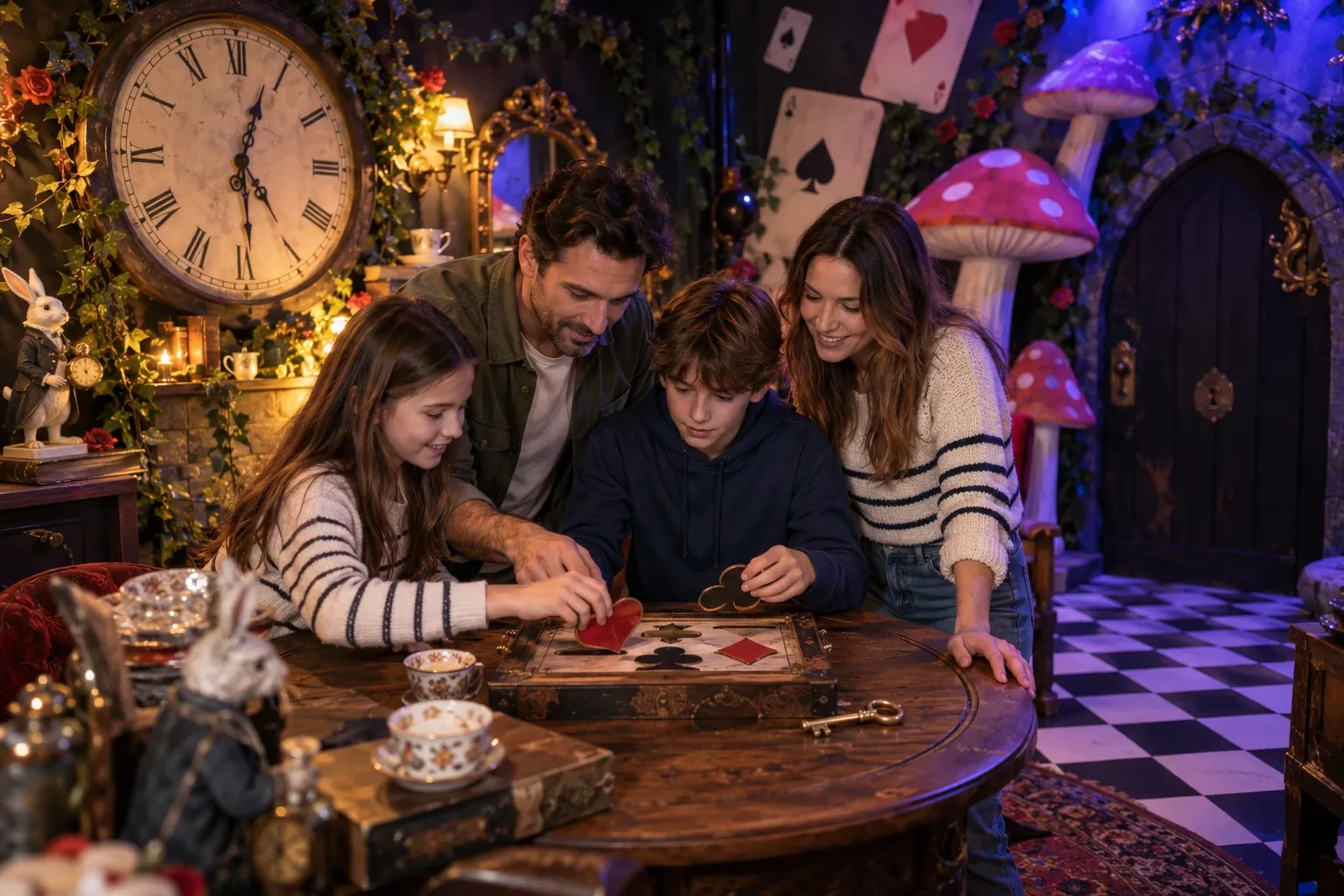 Famille résolvant une énigme de cartes autour d'une table, dans une salle d'escape game au décor d'Alice au pays des merveilles