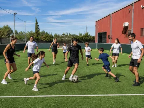 Famille jouant au foot sur le terrain extérieur