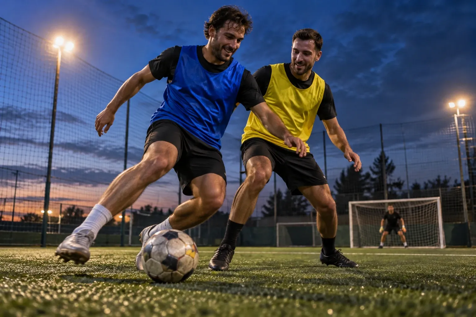 Deux joueurs en tenue bleue et jaune se disputent le ballon lors d'un match de foot à cinq sous les projecteurs en soirée