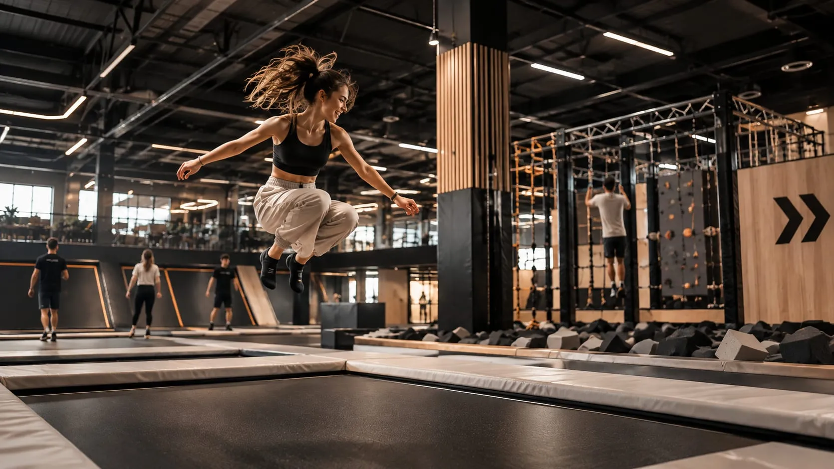 Jeune femme en plein saut au-dessus d'un trampoline dans une grande salle sombre au décor bois et noir
