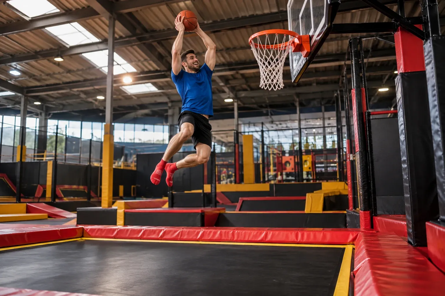 Jeune enfant sur un trampoline devant une fosse à cubes en mousse et une cible interactive murale