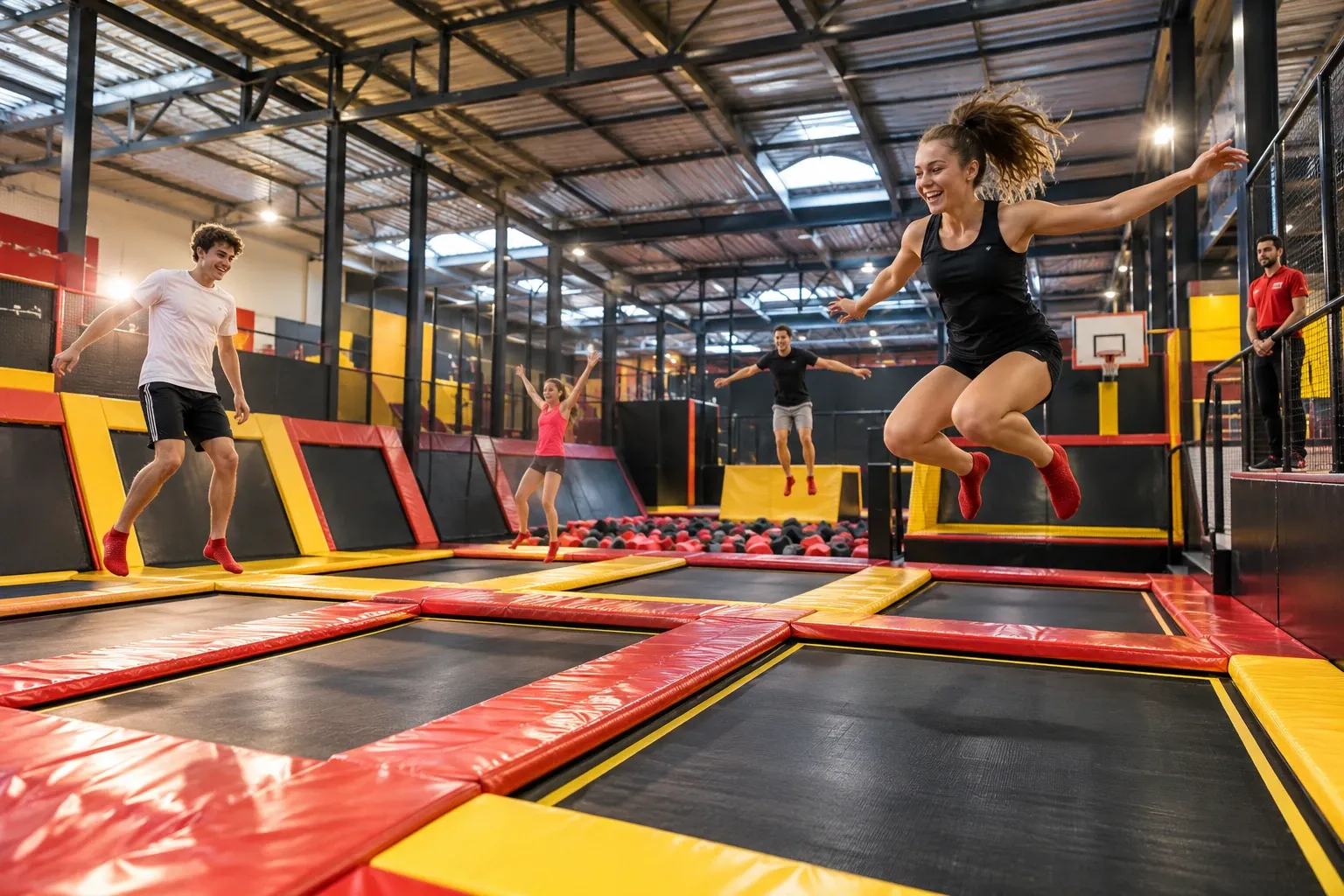 Grande fosse remplie de blocs de mousse grises, roses et jaunes, entourée de trampolines noirs à bords rouges